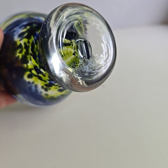 Hand Blown Art Glass Bowl Footed Blue Green Swirl Small 3" - Picture 6 of 9